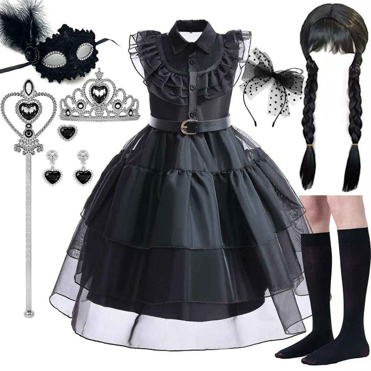 Halloween Hot American TV Series Black Wen. Girl Cosplay Horror Dress Set Easter Party Clothing +Fake hands + Sock Set 3-10Y