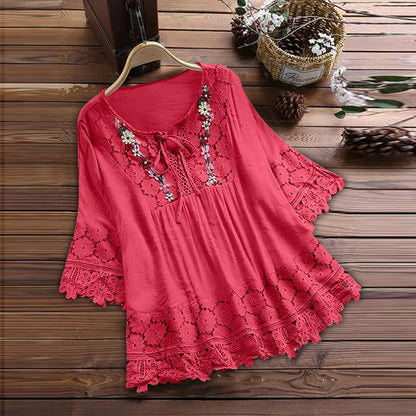 Women’s Summer V-Neck Blouse – Lace Patchwork with Bow