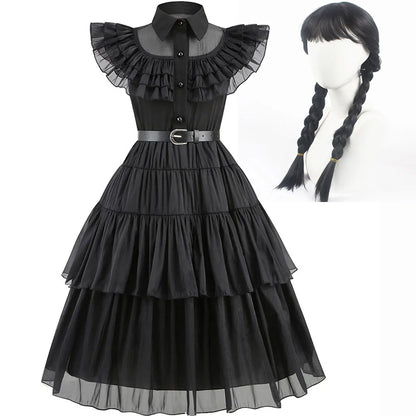 Halloween Hot American TV Series Black Wen. Girl Cosplay Horror Dress Set Easter Party Clothing +Fake hands + Sock Set 3-10Y