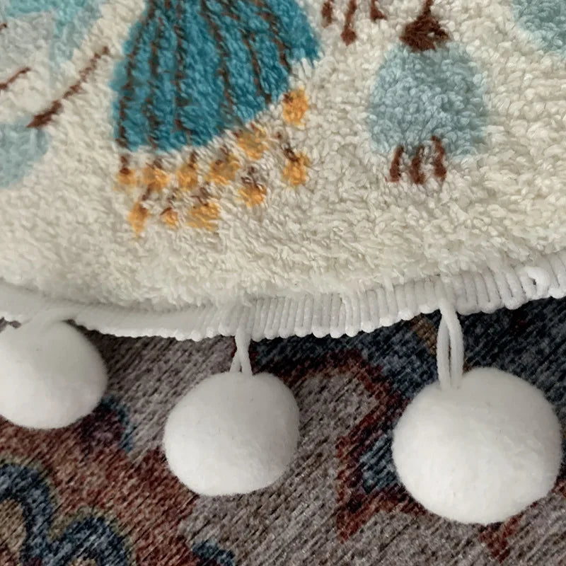 Boho Round Blue Floral Plush Carpet with Pompom Trim, 40–120cm