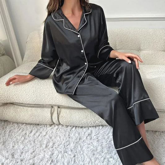 Women’s Silk Satin Pajama Set – Notched Collar Top & Wide-Leg Sleepwear