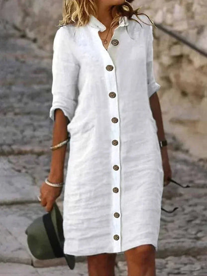 Women’s Solid Button-Up Long Sleeve Shirt Dress