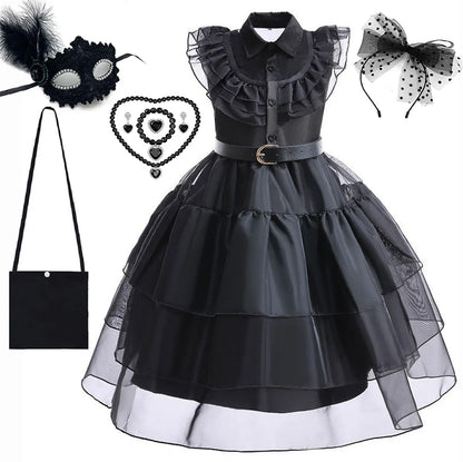 Halloween Hot American TV Series Black Wen. Girl Cosplay Horror Dress Set Easter Party Clothing +Fake hands + Sock Set 3-10Y