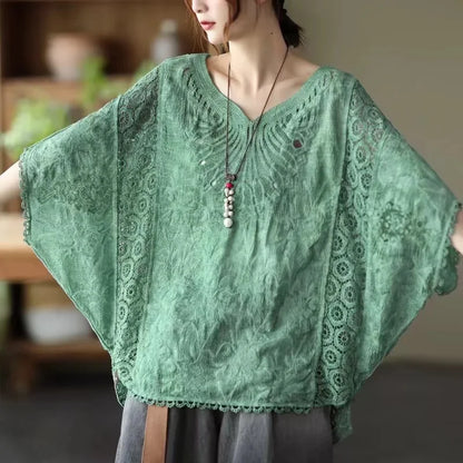 Women’s Cotton Batwing Sleeve Loose T-Shirt – Hollow Out Top