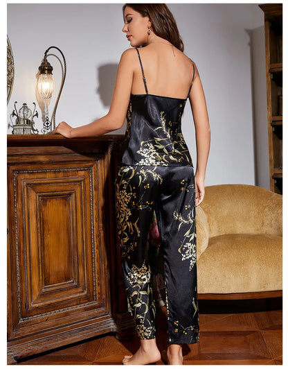 Women’s 4-Piece Satin Pajama Set – Cherry Blossom Kimono, Nightgown & Pants Sleepwear