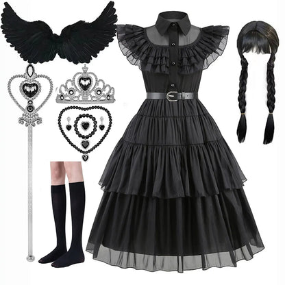 Halloween Hot American TV Series Black Wen. Girl Cosplay Horror Dress Set Easter Party Clothing +Fake hands + Sock Set 3-10Y