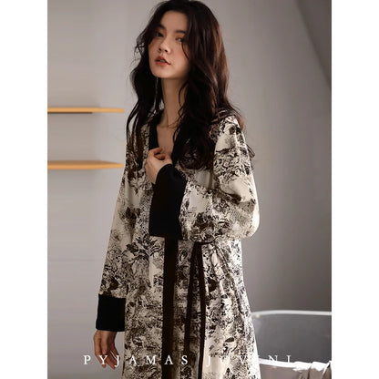 Women’s 3-Piece Cotton Pajama Set – Long Sleeve Kimono Nightgown