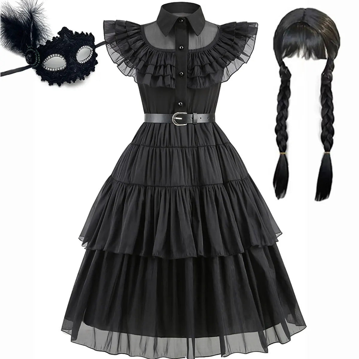 Halloween Hot American TV Series Black Wen. Girl Cosplay Horror Dress Set Easter Party Clothing +Fake hands + Sock Set 3-10Y