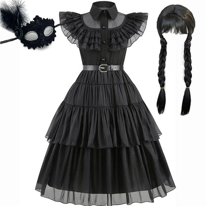 Halloween Hot American TV Series Black Wen. Girl Cosplay Horror Dress Set Easter Party Clothing +Fake hands + Sock Set 3-10Y