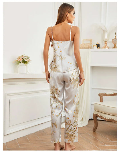 Women’s 4-Piece Satin Pajama Set – Cherry Blossom Kimono, Nightgown & Pants Sleepwear