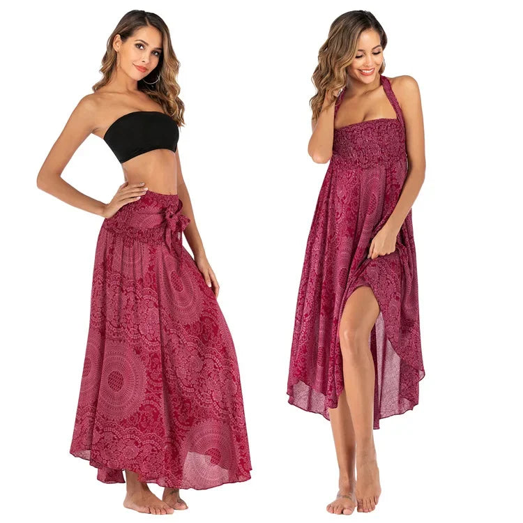 Women’s Boho Floral Long Skirt – Elastic Waist Casual Faldas