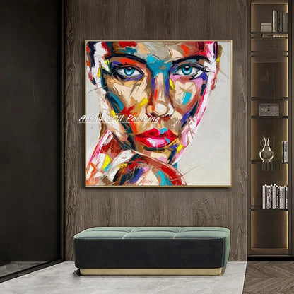 Hand-Painted Abstract Face Oil Painting on Canvas – Modern Wall Art for Living Room