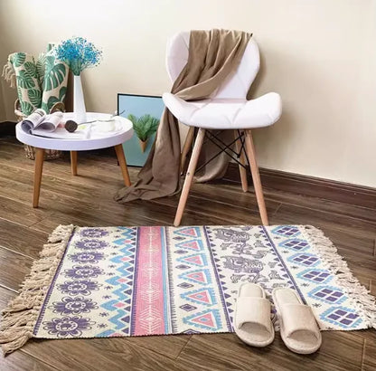 Boho Nordic Black White Geometric Cotton Linen Rug