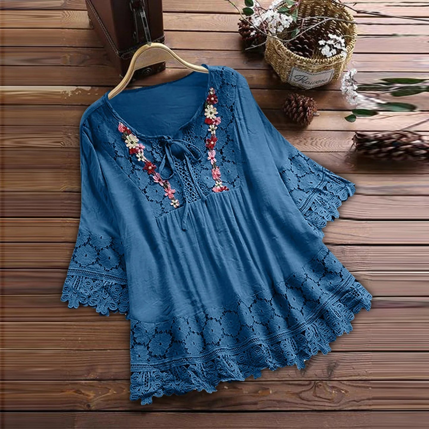 Women’s Summer V-Neck Blouse – Lace Patchwork with Bow
