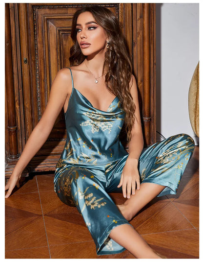 Women’s 4-Piece Satin Pajama Set – Cherry Blossom Kimono, Nightgown & Pants Sleepwear